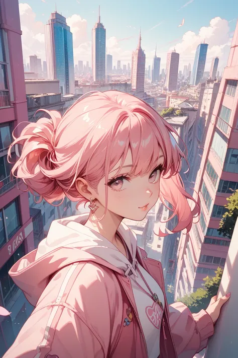 Pink hair, long pink eyes, pink clothes, pink background, cityscape