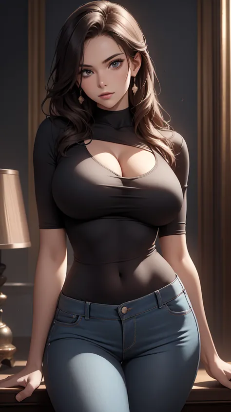 sexy woman in tight t-shirt and jeans, cleavage, realistic portrait, detailed facial features, sultry expression, messy hair, hourglass figure, posing seductively, dramatic lighting, cinematic atmosphere, moody colors, dark background, volumetric lighting,...