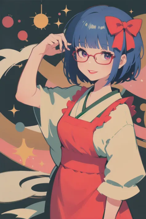 4K, glasses, risograph,  scrapes up the hair, happy, red lipstick， kimono，Hakama， ruffle apron 