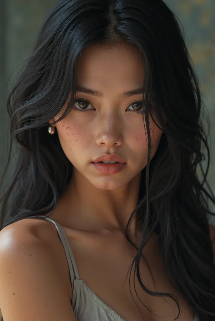  A hyper-realistic portrait of Chichi from Dragon Ball, elegant and fierce, stunning long black hair with silky texture, deep expressive eyes, soft yet determined expression, cinematic lighting, ultra-detailed skin texture, subtle anime-inspired features, ...