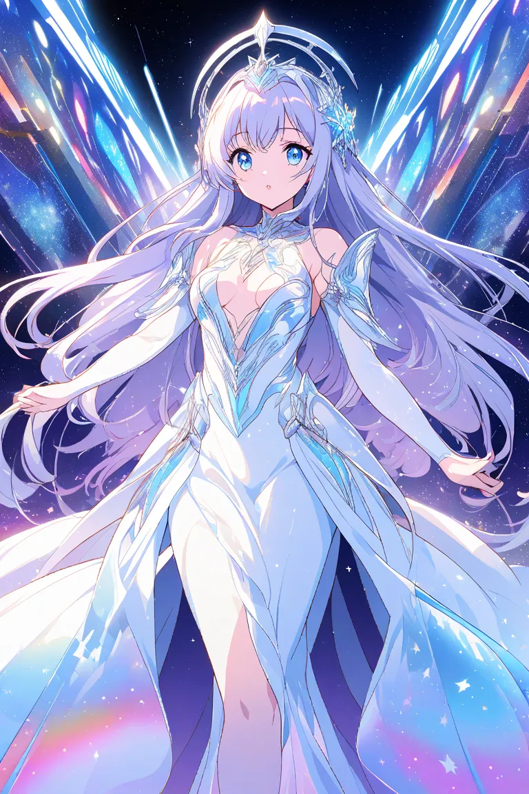 Create an illustration of a singing diva in a space opera setting, using a cel-shaded anime style with a limited 16-color palette,The diva is a graceful and ethereal figure with long flowing hair e.g.silver blue or purple ,a radiant captivating expression,...