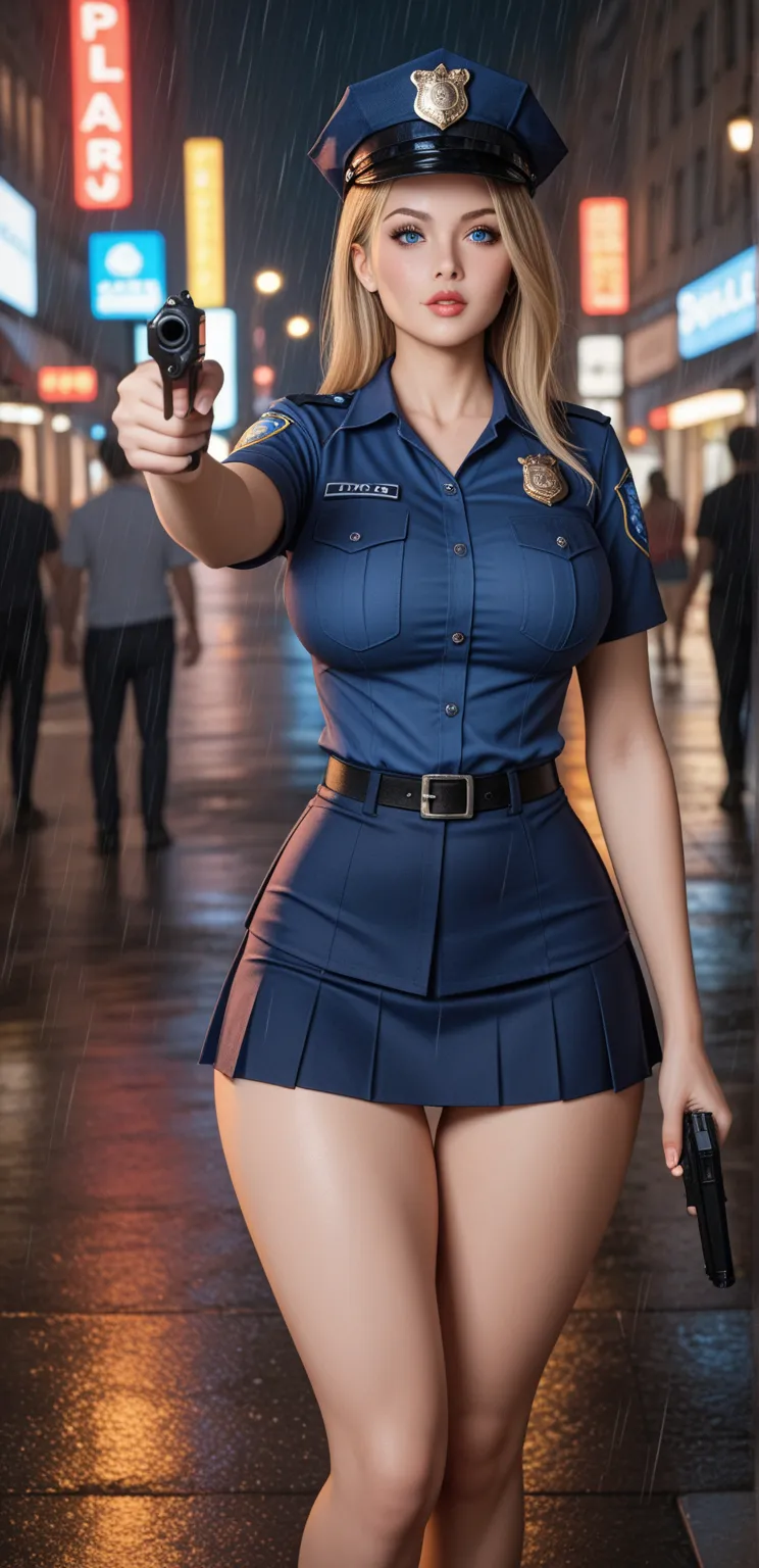 1 Female、American Beauty、Super beautiful、Facial beauty、blue eyes、Standing、New York Police Uniform、mini skirt、Golden Hair、Night Street、Backlight、The wind is blowing、it&#39;s raining、He is looking intently at the barrel of the gun.、Thigh-up shot、pointing pis...