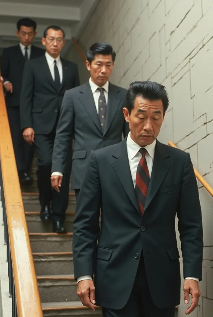 Several men in suits are walking down the stairs, color photo by Akira Toriyama, born in Tokyo in 1964 ,  Flickr , गुटाईグループ, 1964年に東京で生まれた, Government document photo, 1968 Soviet Japan,  Japan 1980s ,  akihito Yoshida , Akira Yasuda, tomoyuki yamasaki, Su...