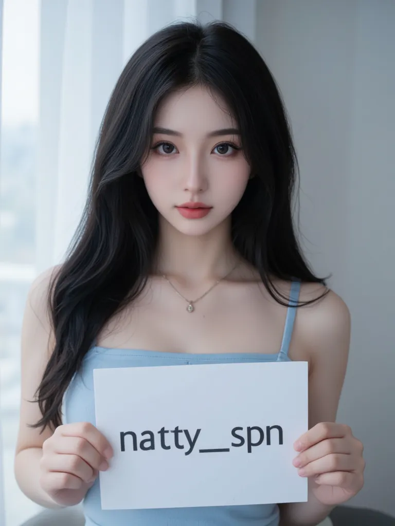 black long-haired girl,. She was wearing a light blue single strap shirt and necklace.. , she was holding a white sign with the word "Natty_Spn"  WRITTEN IN BLACK LETTERS . In a soft light,