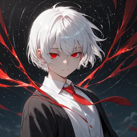 High Resolution, 걸작, accurate, anatomically accurate, quality, high detail with stars, 1 man, white hair, hair scattered in the wind, Red lifeless eyes, short cut, white shirt, red tie, black cardigan