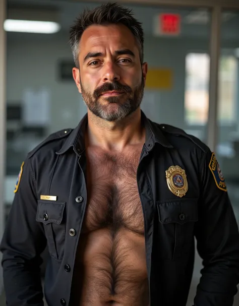 masterpiece, best quality, high resolution, closeup portrait, male focus, solo focus, a man, policeman, cop, pretty shirtless, in unbuttoned police clothes, wearing unbuttoned police attire, looking italian, brown hair, sweaty hairy guy in police station, ...