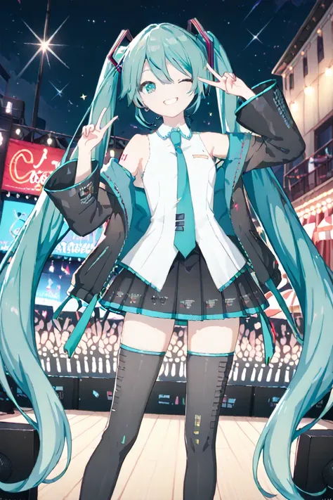 hatsune miku (vocaloid)
masterpiece, exquisite, beautiful, woman, hopeful, cheerful grin, wink, standing, making a peace sign, looking at viewer, twintail, high twintails, aqua hair, green eyes, big eyes, tall, slender, leggy,blouse, jacket, off shoulder, ...