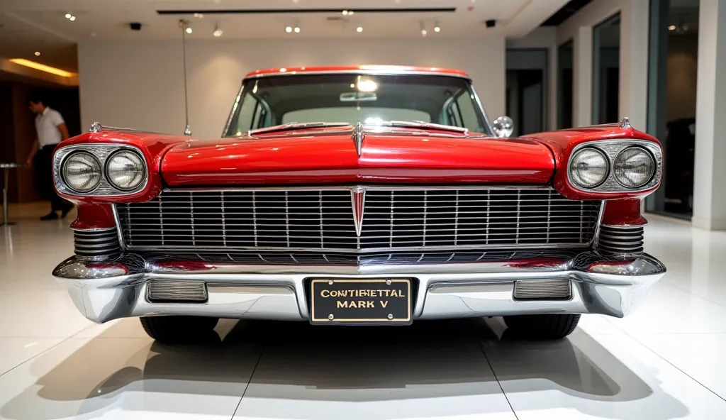 front close view of painted (Gleamy red 1960 Lincoln Continental Mark V )with shiny clour  New ( 1960 Lincoln Continental Mark V )  Officially  sleek in large shape sedan in large size with ( 1960 Lincoln Continental Mark V logo on its large detailed grill...