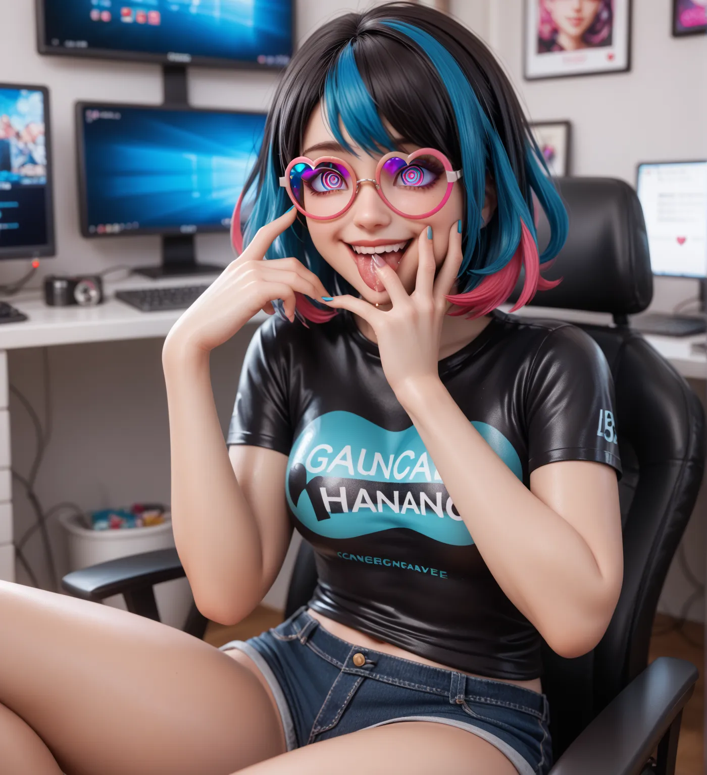   1 girl, The person sitting at the computer in the apartment,    multicolor hair ,  medium-length hair,   in an extremely tight  , Glänzendes silberne latex T-Shirt , Shorts, Bleaching on the screen , spiral-shaped characters on the screen, heart glasses,...