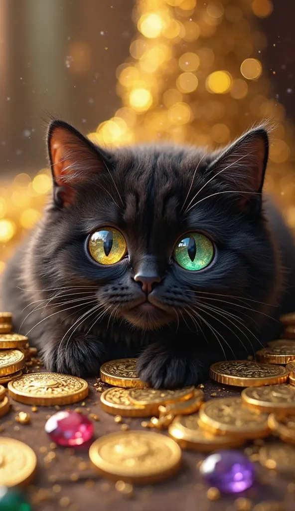 A highly detailed fantasy-style scene featuring a round and cute cat with black fur and heterochromatic eyes (shimmering like marble), each eye a different color. The cat, with a sweet expression, is happily nestled with its face resting on a pile of jewel...