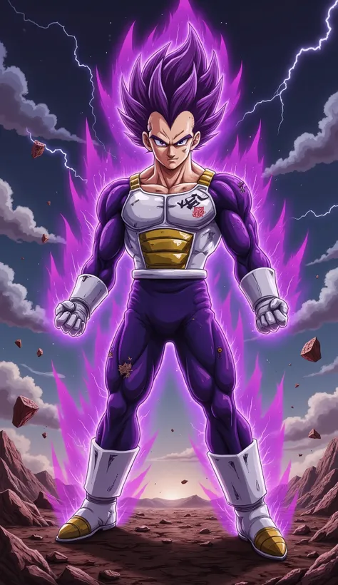 "A powerful Saiyan warrior stands in a dominant and imposing stance on a devastated, rocky battlefield under a dark, stormy sky filled with swirling clouds and crackling lightning. His muscular physique is accentuated by battle-worn Saiyan armor, with a to...