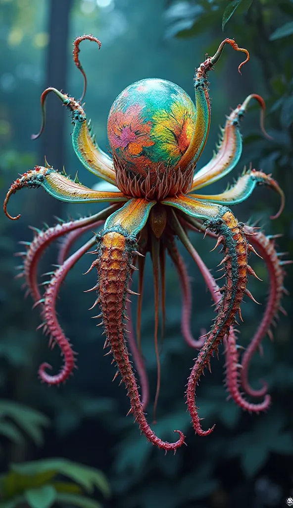 create , creative,   abstraction, this flying creature, combining the shape of a lily flower and an octopus, Realistic flying creature ,  ,  flower-like  , and the jellyfish dome    .  ,  petals — elongated   ,   of bright colors   \ , inner glow   . has f...