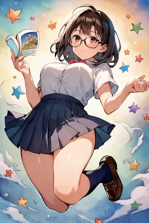 score_9, score_8_up, score_7_up，   source_anime，nsfw，uncorrected， cute Japanese babies 、 small face、Low body， body type，Tween、(Glasses，twin blade)、(white blouse、navy pleated skirt,brown loafers),(beautiful detailed face),dynamic angle,Immerse yourself in r...