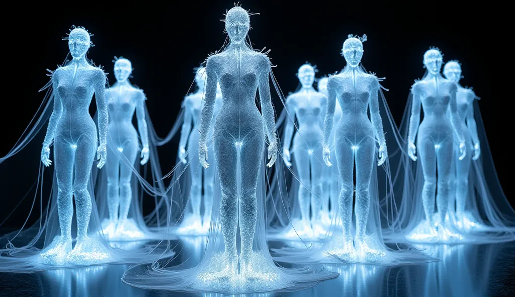 A fashion show featuring a crowd of identical mannequin-like figures, all wearing the same surreal outfit made entirely of ice and intricate webs. The mannequins are scattered throughout the space, not in a straight line, but as a mass, creating a haunting...