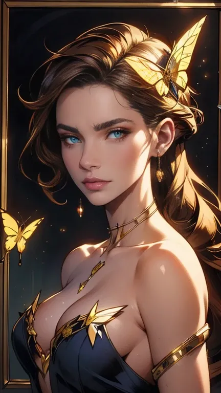 8k Beautiful Brown Haired Cyborg Portrait, complicated, elegant, very detailed, Majestic,  Digital Photos, Art German、Luanja、Surreal Paintings by Greg Rutkowski、Gold Butterfly Ornament, broken glass, (masterpiece,  sidelights in the form of drops,  beautif...