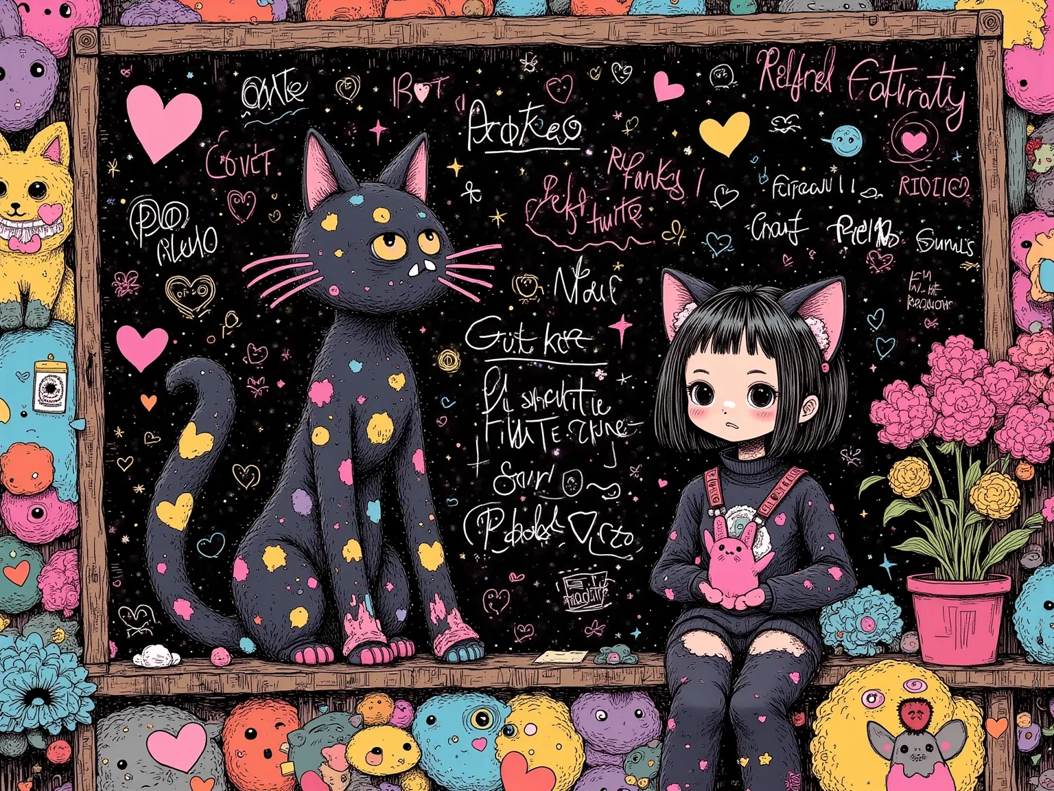 ( blackboard ）, (Chalk), messy graffiti, overlapping graffiti, Doodle, Emoticons,  heart, graffiti-style cat, mischievous memo, ren's playfulness