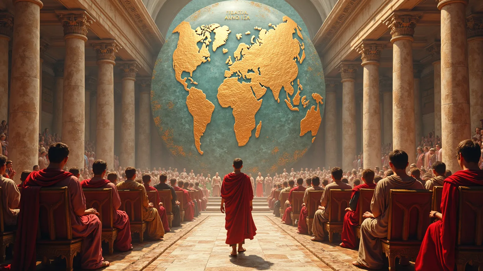 A colossal forum where governors from all over the world,  dressed in elegant tunics , discuss global issues in Latin. in the center, a huge marble map with golden inscriptions marks the provinces of the Empire. Floating holograms show statistics on taxes ...