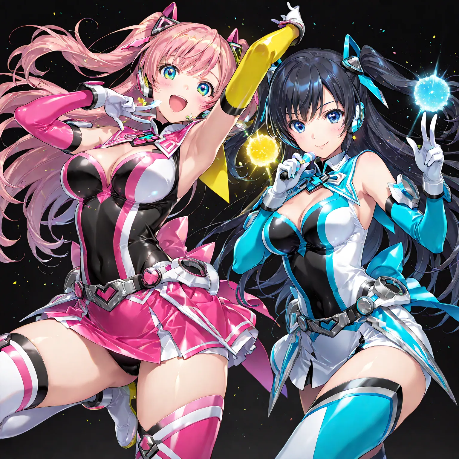 (( 2 girls)), Kizuna Sentai Kizuna Five, Kizuna Pink , Kizuna Yellow, black background,colorful, vibrant, Shining Contours ,neon,colorful、Official Art、,viewer, masterpiece, very aesthetic、sexy pose、Light powder、neonボブヘア、