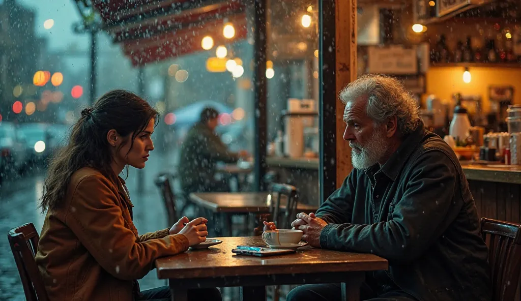 A dramatic, cinematic split-screen scene set in a cozy café on a rainy evening. On the left side, a young woman (Emily) with a sad, worried expression sits alone at a wooden table, looking down at her coffee. A smartphone next to her displays a layoff emai...