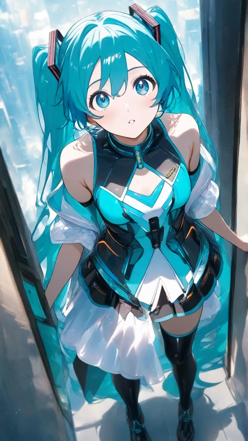 high quality　best image quality　Super Detail　high quality　4K 8K Hatsune Miku  　 Medium Chest　looking up from the front