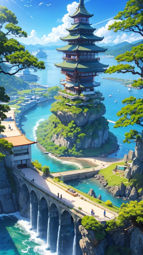 (masterpiece, High Resolution, Top Quality, Top Quality),A Japanese-style fantasy maritime city,clear blue sky,sea,山からseaへ落ちる巨大な滝,Giant Forest