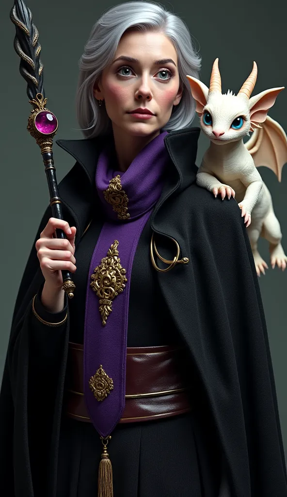 Minerva McGonagall from "Harry Potter", in a gothic black cloak with gold patterns and a purple scarf of the Order of Merlin around her neck. In her hand she holds a magic wand made of ebony, decorated with precious stones. On her shoulder is a small white...