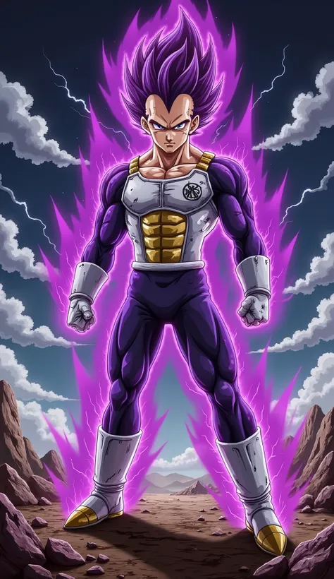 "A powerful Saiyan warrior stands in a dominant and imposing stance on a devastated, rocky battlefield under a dark, stormy sky filled with swirling clouds and crackling lightning. His muscular physique is accentuated by battle-worn Saiyan armor, with a to...