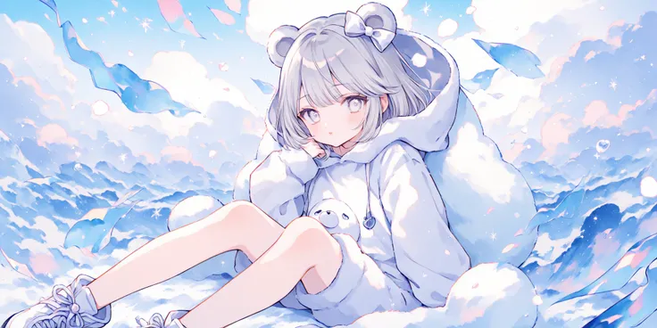 pastel colors、watercolor、1 girl、race、Bear ears、white heart、gray hair、bob hair、hair bow、 White Eyes 、droopy eyes、Polar bear costume、sitting、Small lips、白いraceのハイソックス、white boots、masterpiece、Top Quality