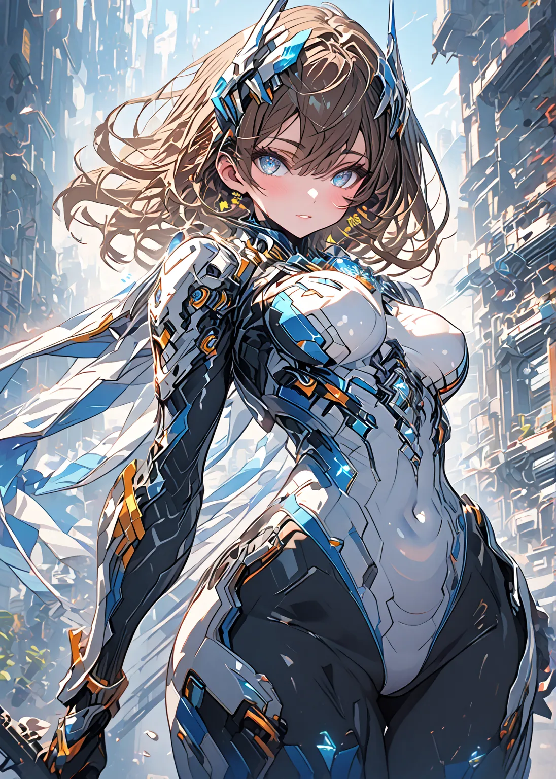 brown hair　medium hair　blue and light blue futuristic suit　　Groin　leotard　big breasts　blue eyes　round eyes　　 flashy design　solo