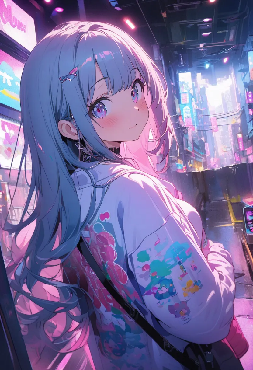 1girl, Selfie shot angle, from behind, city, Digital painting, kawaii anime, Neon light effect