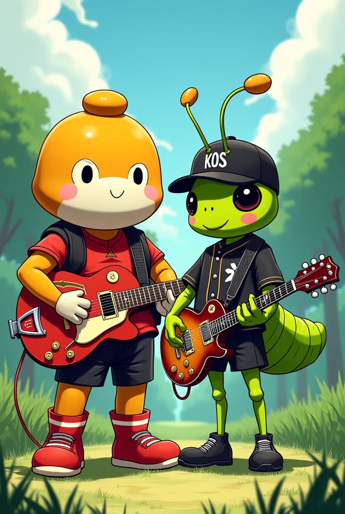 With an anime-like picture of Anpanman、Picture of a grasshopper character wearing a black baseball uniform playing Les Paul。A picture with the letters KOS written on it on the hat