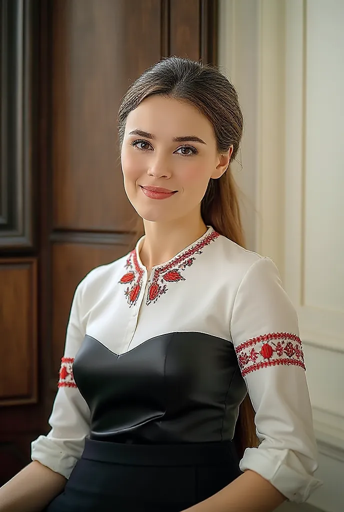 woman teacher, Ukrainian appearance, brown medium hair, straight bangs, posing in the photo, beautiful waist, thin, in a black simple tight skirt of medium length and in a white embroidered shirt