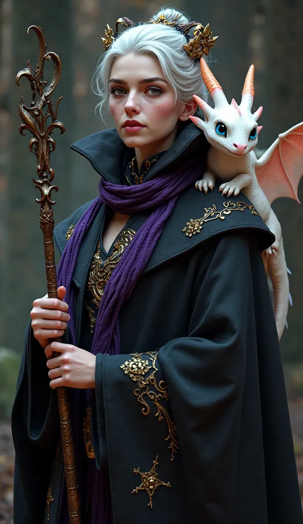 Minerva McGonagall from "Harry Potter", in a gothic black cloak with gold patterns and a purple scarf of the Order of Merlin around her neck. In her hand she holds a magic wand made of ebony, decorated with precious stones. On her shoulder is a small white...