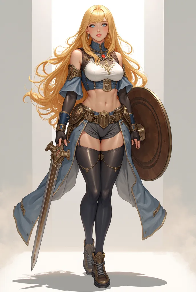  high image quality、写真品質、woman、High Precision、 the whole body 、 functional,   long golden hair, thick thighs, 8k, 4K, best quality, ( high image quality:1.6),  cute anime face ,  Noise reduction , (Sparkling blue eyes,   kind smile,  kind eyes )、 Tight abs...