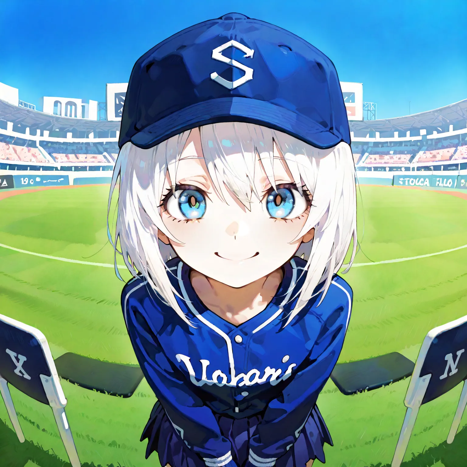 (2 girls), (Top Quality), masterpiece,  aosiai123 ,  Bright Eyes ,   very big eyes, eye focus,Character focus, well-groomed face, textured skin, Sleeves Over Wrist, ((Baseball stadium spectator seats)), Supporting, white and blue skirt, viewers, Blue baseb...