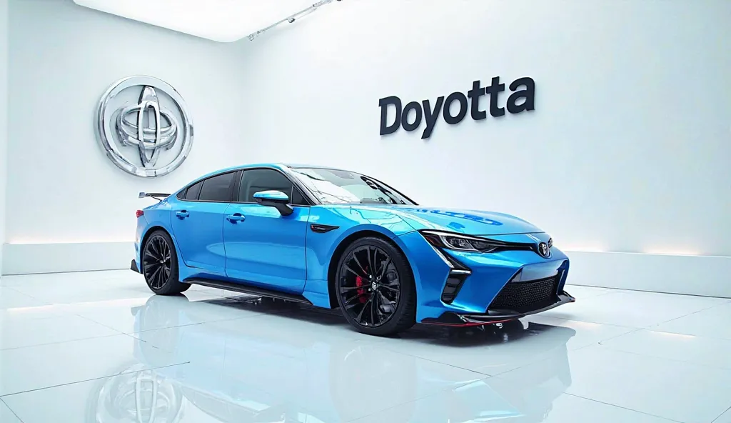 

"A captivating image of a (2025 Toyota Corolla )center stage in a luxurious white showroom. The futuristic, vibrant ( blue ) exterior gleams, showcasing its sleek, aerodynamic design and bold accents. The car ( right)  view highlight the cutting-edge inn...