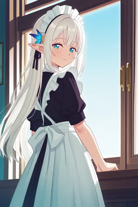 A beautiful elf maid with long white hair stands near the window, gazing at the blue sky with a sorrowful look. Her shimmering eyes reflect sadness and worry, longing for her Master's return. A gentle breeze lifts the hem of her skirt and ribbon, enhancing...