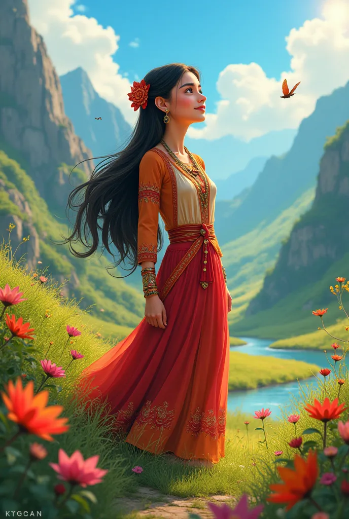 A disney pixar movie style poster titled kurdistan kurdish woman in nature