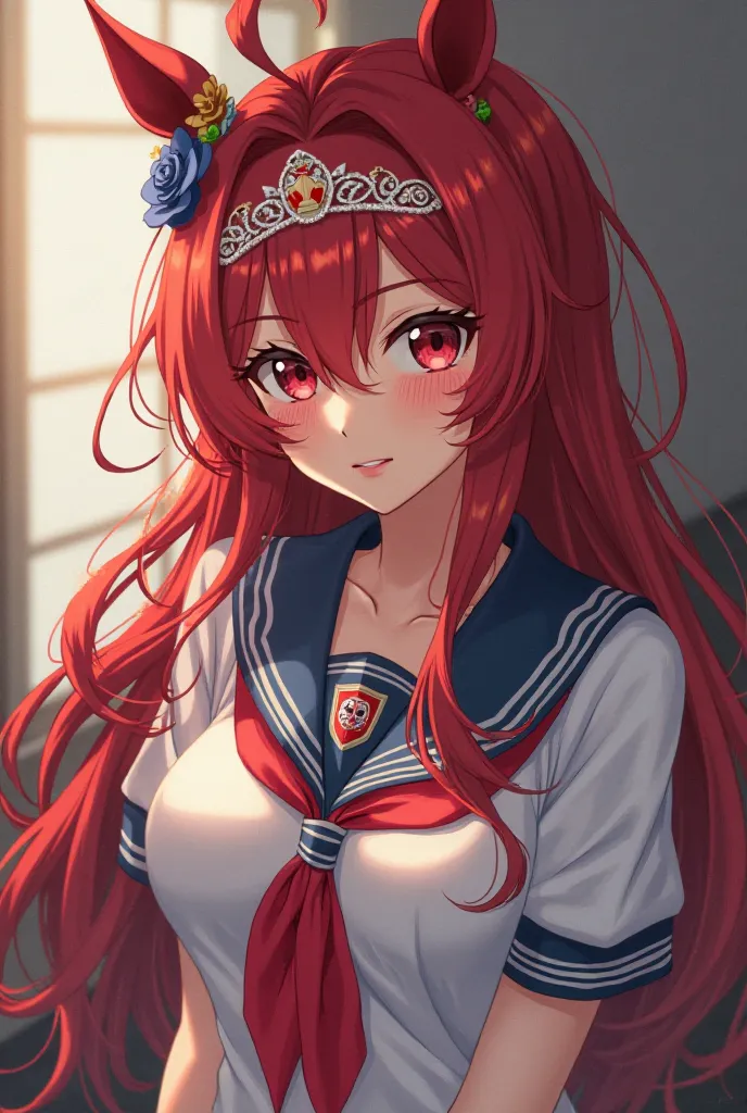  redhead 、long hair,  Japanese anime painting 、Horse ears on the head　sling、tiara、Tie two knots on the side of the head、Big Breasts、Daiwa Scarlet、Japanese High School Girl Uniform、sex、Ass、fellatio