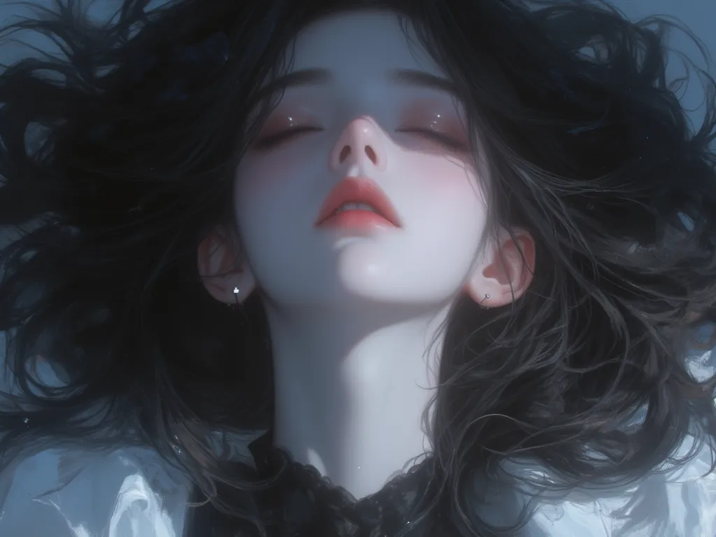 (woman feeling afraid}、      uneasy expression、   beautiful black hair  ,anemic condition、close eyes、 is sleeping、 pale face