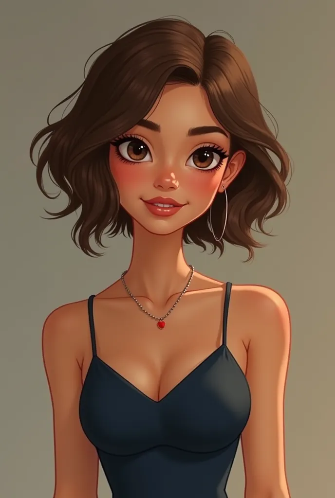 I want a girl with a short diamond face, brown hair and eyes, a Greek nose with a small cheekbone, almond eyes, thick eyebrows, light natural wavy hair, an hourglass body, and a brown or navy blue dress. 