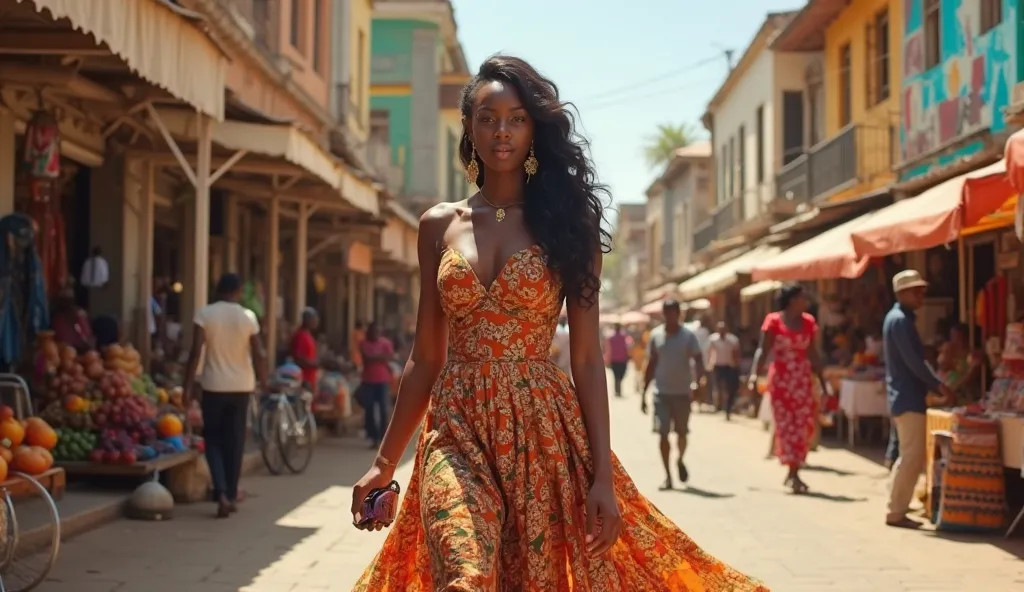 A young African woman walks gracefully through a bustling African street, exuding elegance and confidence. She is dressed in a stunning, expensive gown—rich fabrics flowing effortlessly as she moves. The dress, designed with intricate patterns and luxuriou...