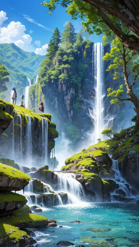 (masterpiece, High Resolution, Top Quality, Top Quality),japanese solar punk,moss:1.3,clear blue sky,sea,Huge waterfall