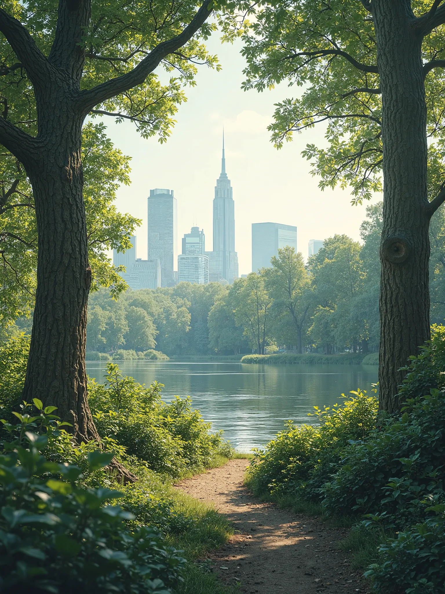 in the wooded park of Central Park in New York with the skyline of buildings in the background