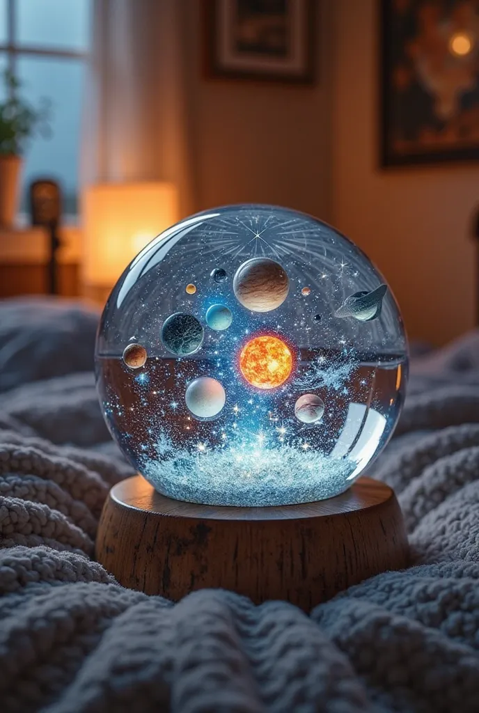 I want a luminous 3D solar system crystal ball with bedroom background 