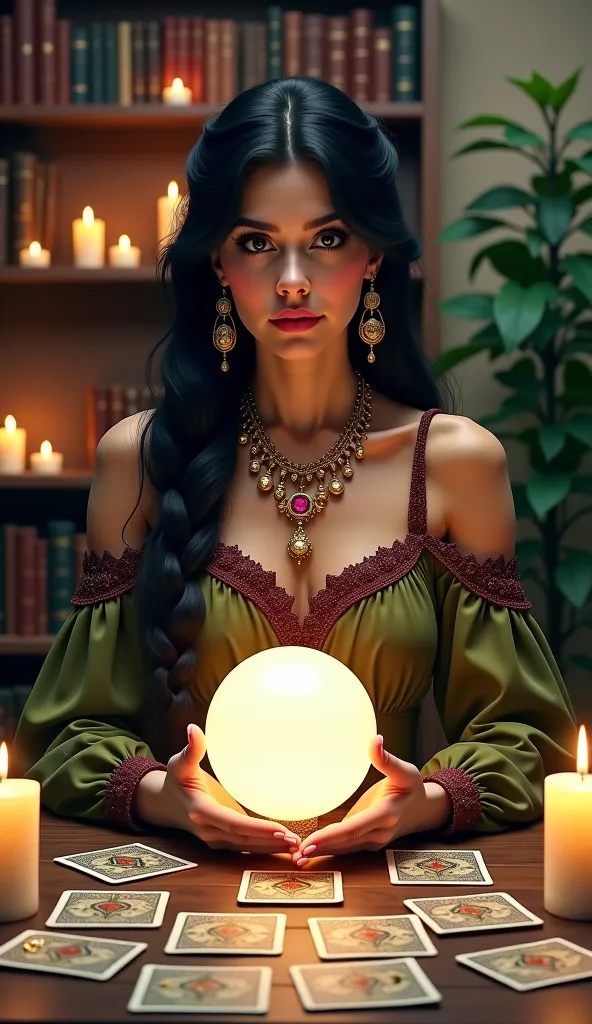  A mystical seer in a cozy and mysterious environment ,  sitting on a wooden table surrounded by cards of tarot arranged .  She holds a crystal ball with both hands ,  looking directly forward with an enigmatic air .  The woman has long black hair , Braide...