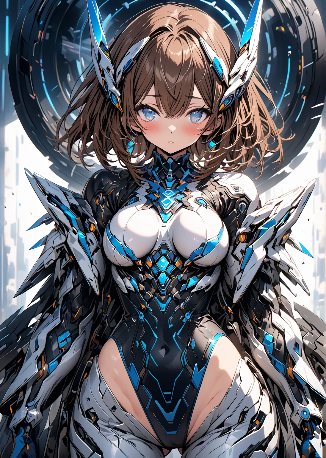 brown hair　medium hair　blue and light blue futuristic suit　　Groin　leotard　big breasts　blue eyes　round eyes　　 flashy design　solo