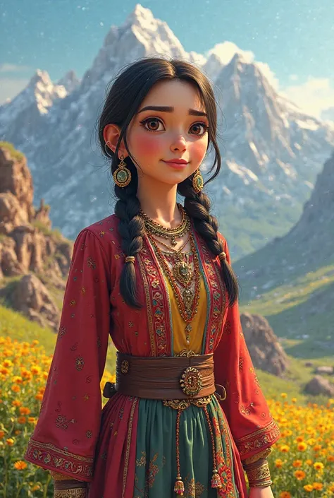 Create a disney pixar movie poster titled kurdistan kurdish woman