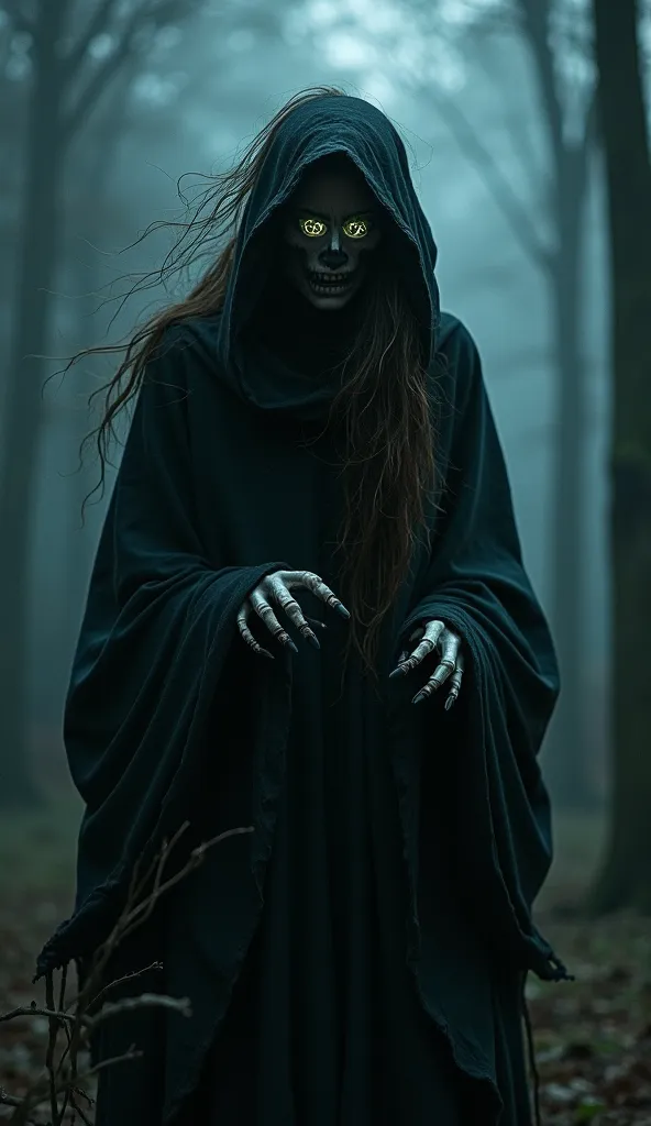 La Janara, the terrifying witch of Italian folklore, appears as a shadowy, spectral figure draped in a tattered, wind-swept cloak that billows in the stormy night. Her pale, ghostly face is partially hidden beneath a dark hood, but her hollow, glowing eyes...