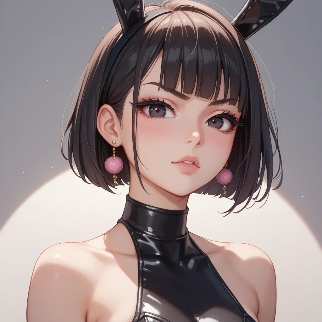  1girl  , black bob-cut hair, bangs, sharp eyes, long eyelashes,fair skin, cool and unapproachable look, multiple earrings, slender but well-proportioned physique, height 150cm,  black eyeliner、 dark eyes、 pink nails 、ring、 thin eyebrows、 thin eyebrows、blu...